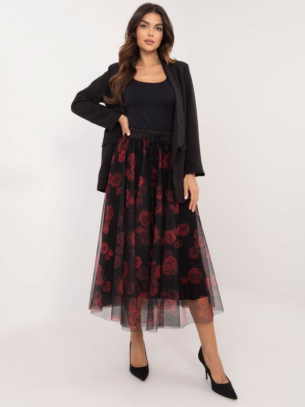 Fashionhunters Red and black floral tulle midi skirt