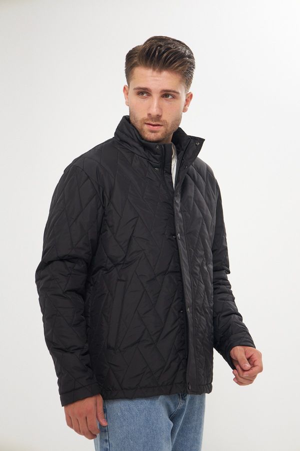 River Club River Club Men's Black Waterproof And Windproof Stand Up Collar Quilted Patterned Coat.