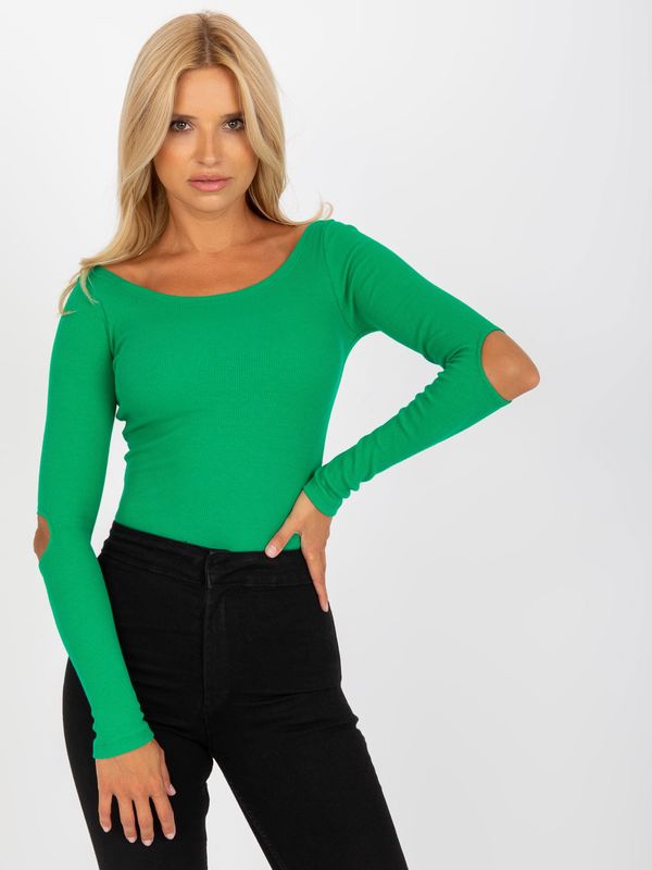 Fashionhunters RUE PARIS green ribbed basic blouse with cutouts at elbows