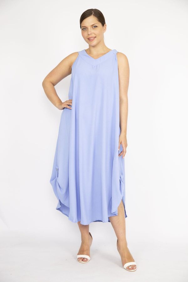 Şans Şans Women's Baby Blue Plus Size Aerobin Fabric Skirt Epaulette Sleeveless Long Dress