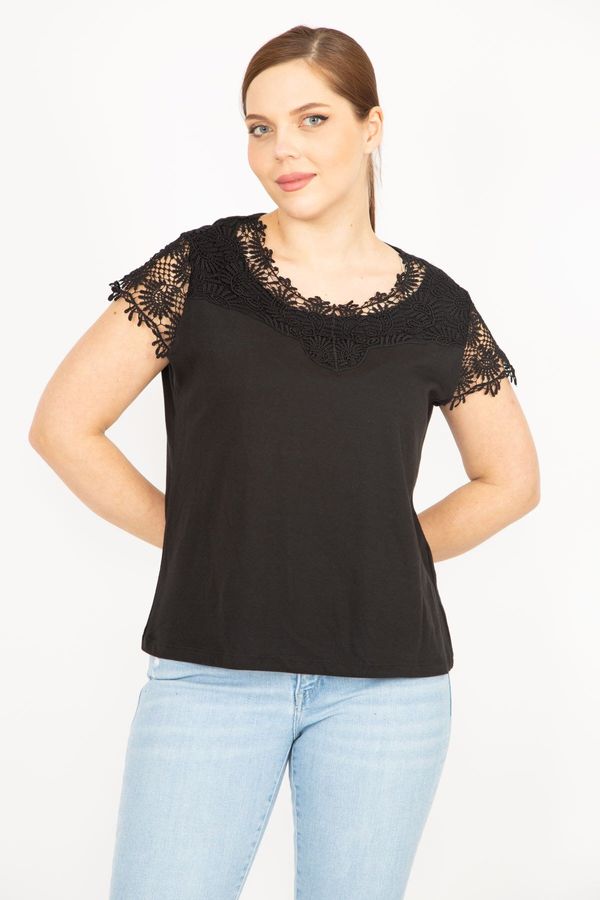 Şans Şans Women's Black Plus Size Cotton Fabric Lace Detailed Blouse