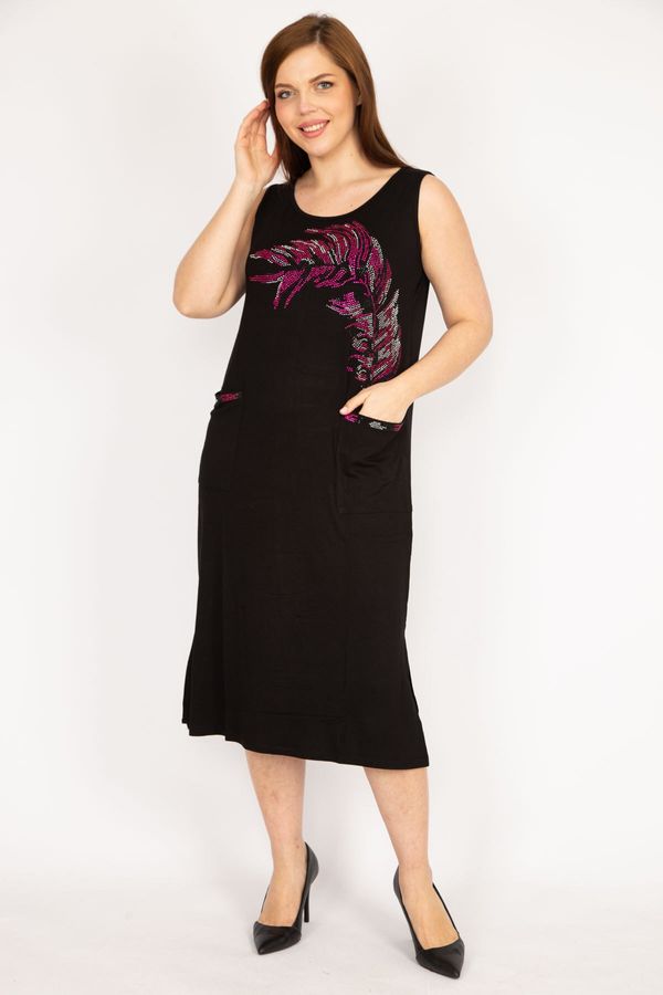 Şans Şans Women's Black Plus Size Stone Detailed Front Pocket Dress