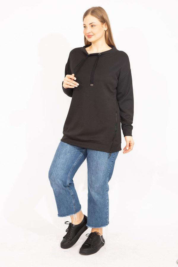 Şans Şans Women's Black Plus Size Sweatshirt with Side Zipper Slits and Eyelets Detail