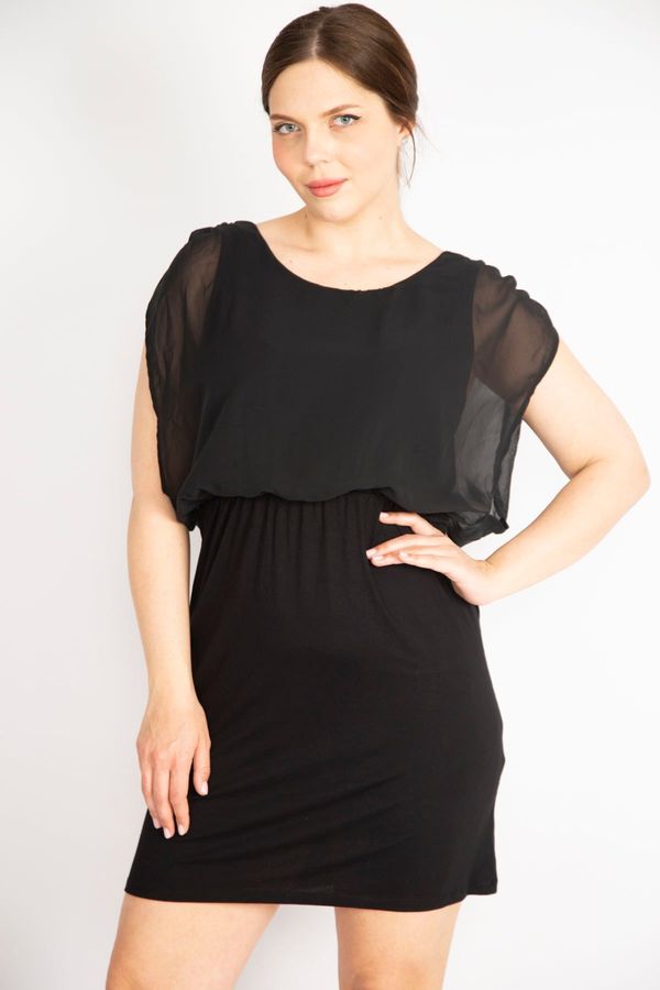 Şans Şans Women's Black Plus Size Top Chiffon Detailed Dress