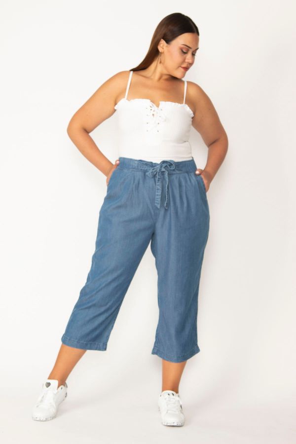 Şans Şans Women's Blue Elastic Waist and Lace-up Side Pocket Fabric Ankle Length Trousers