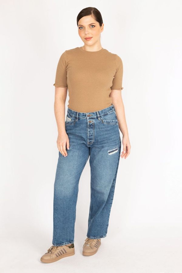 Şans Şans Women's Blue Large Size Ripped Detailed High Waist Front Buttoned Jeans