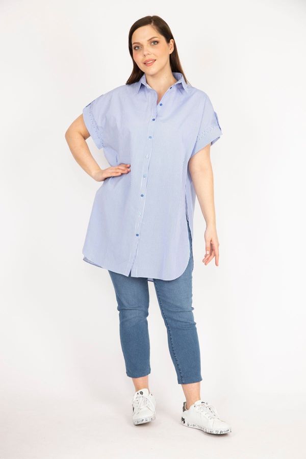 Şans Şans Women's Blue Plus Size Sleeve Epaulette Side Slit Striped Shirt