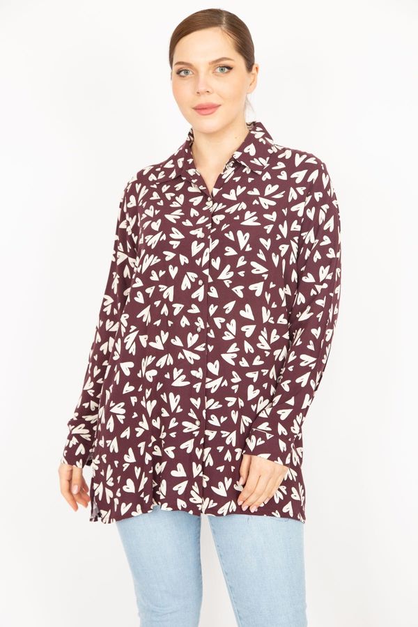 Şans Şans Women's Burgundy Plus Size Woven Viscose Fabric Pearl Metal Button Shirt