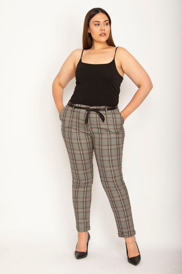 Şans Şans Women's Colorful Checker Pattern Trousers with Side Pockets and Back Float with Ornamental Pocket Faux Leather Belt Detail