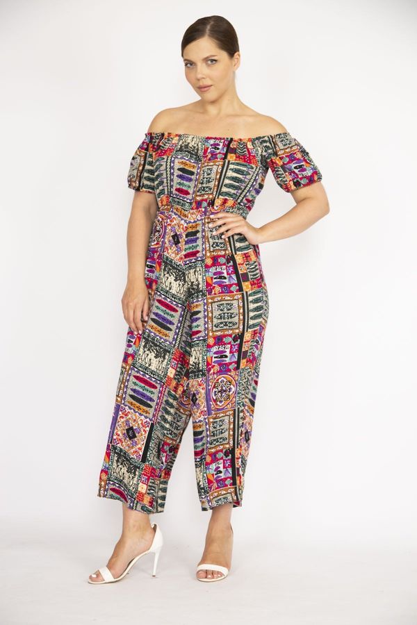 Şans Şans Women's Colorful Plus Size Collar Waist Elastic Detail Woven Viscose Fabric Colored Jumpsuit
