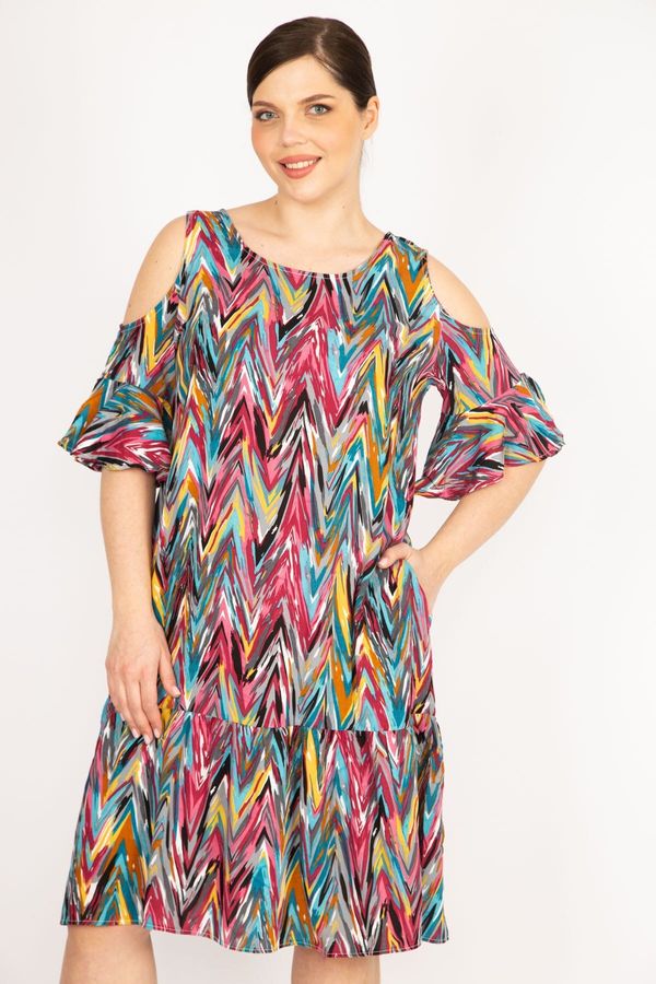 Şans Şans Women's Colorful Plus Size Decollete Woven Viscose Fabric Side Pocket Dress