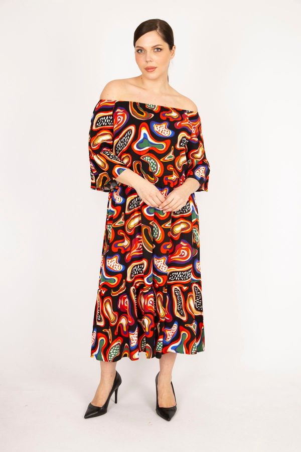 Şans Şans Women's Colorful Plus Size Woven Viscose Fabric Collar Elastic Sleeve And Gathered Hem Dress