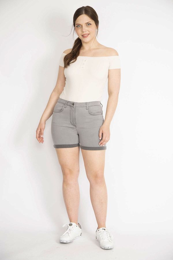 Şans Şans Women's Gray Large Size Double Leg Lycra Skinny Denim Shorts