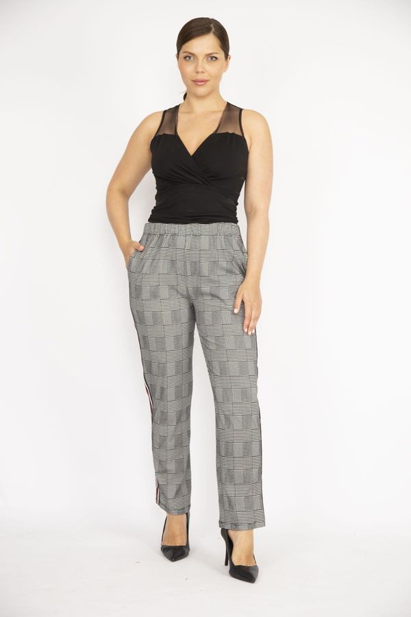 Şans Şans Women's Gray Plus Size Checkered Elastic Waist And Side Stripe Detailed Trousers