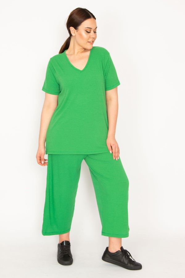 Şans Şans Women's Green Camisole Knitted Elastic Waist Wide Leg Trousers V-Neck Blouse Suit