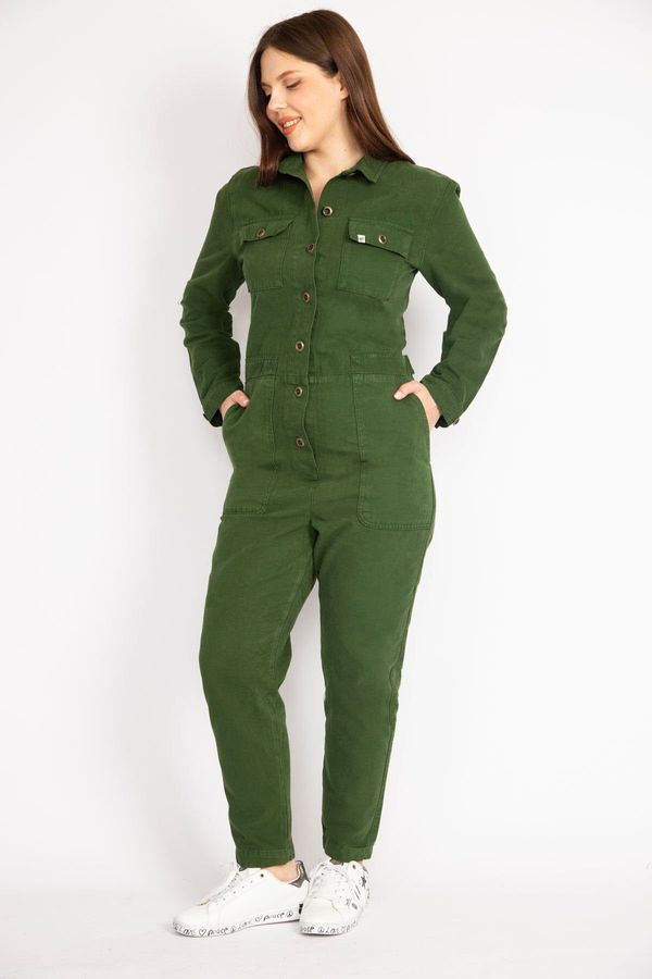 Şans Şans Women's Green Large Size Front Buttoned Gabardine Jumpsuit
