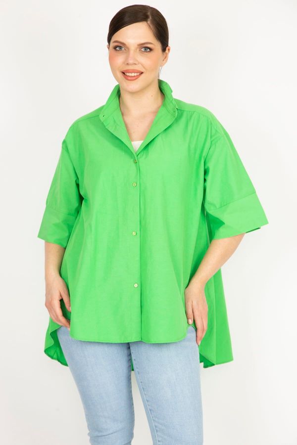 Şans Şans Women's Green Large Size Front Buttoned Long Back Shirt