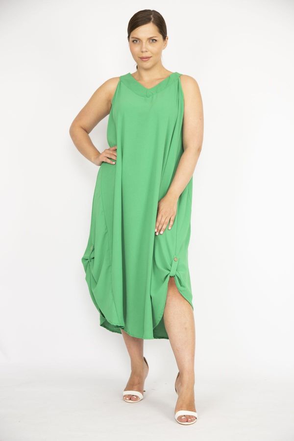 Şans Şans Women's Green Plus Size Aerobin Fabric Hem Epaulette Sleeveless Long Dress