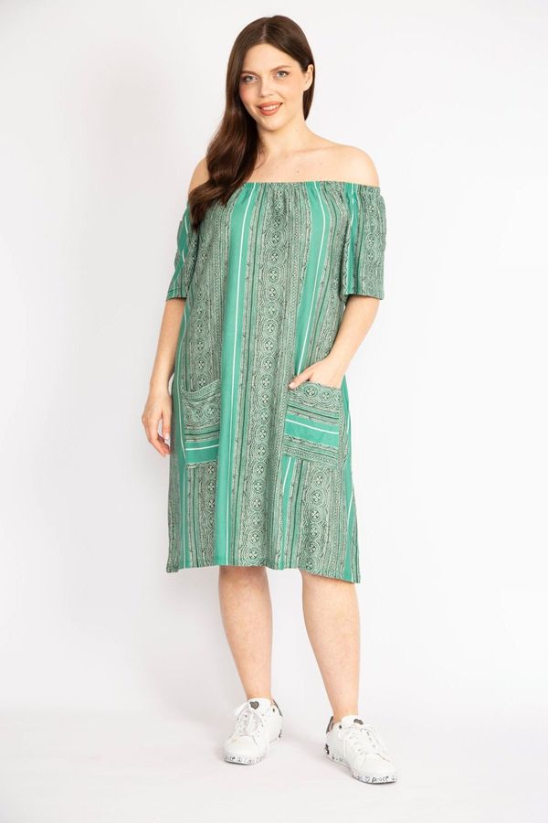 Şans Şans Women's Green Plus Size Collar Elastic Detailed Front Pocket Dress