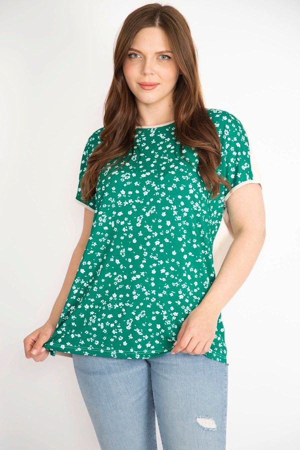 Şans Şans Women's Green Plus Size Front Patterned Low Sleeve Blouse