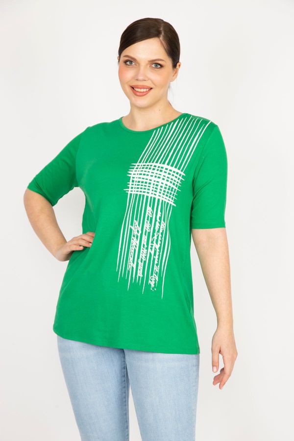 Şans Şans Women's Green Plus Size Front Printed Viscose Blouse