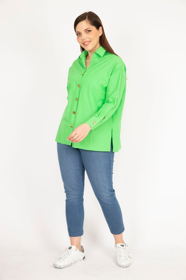 Şans Şans Women's Green Plus Size Metal Buttoned Cuff Shirt