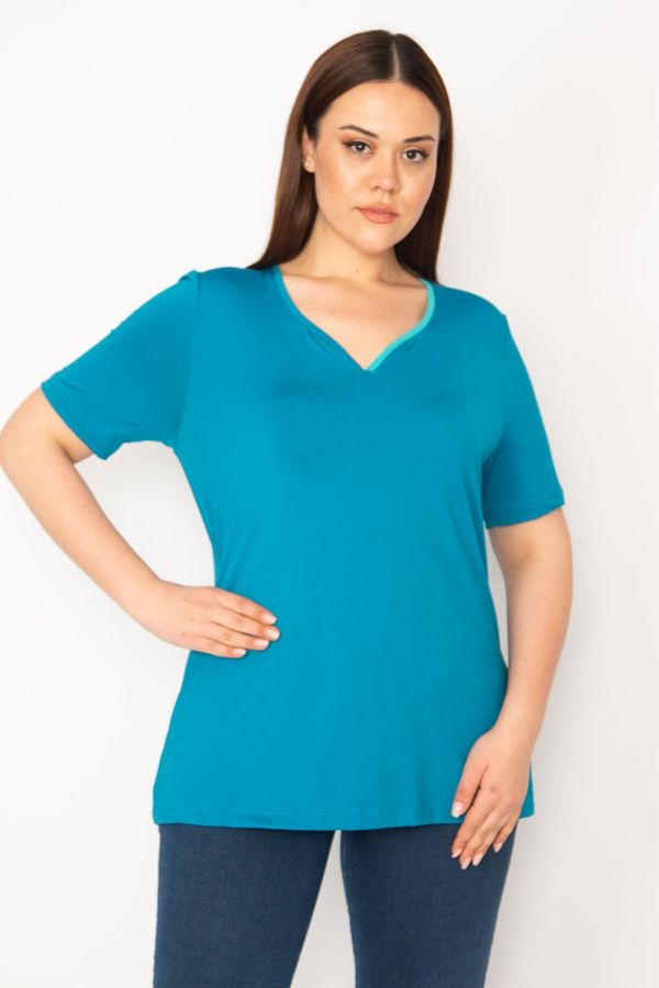 Şans Şans Women's Green Plus Size Single Collar Pleated Sports Blouse