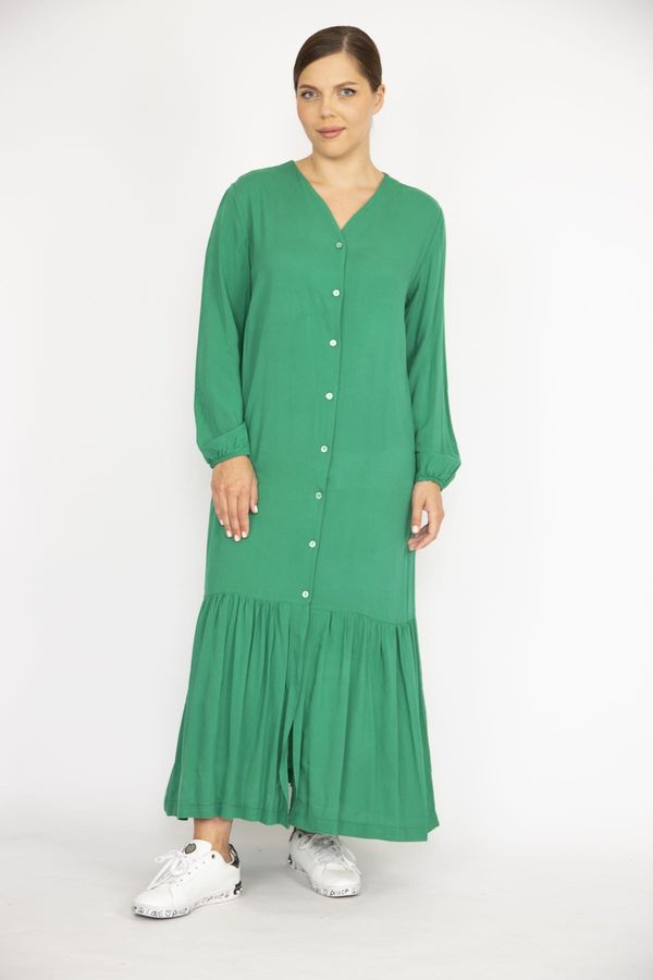 Şans Şans Women's Green Plus Size Woven Viscose Fabric Front Length Buttoned Long Sleeve Dress