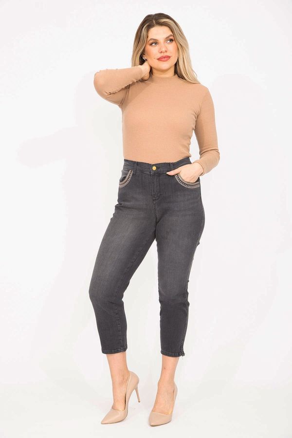 Şans Şans Women's Large Size Anthracite Pocket Detailed Lycra 5 Pocket Jeans