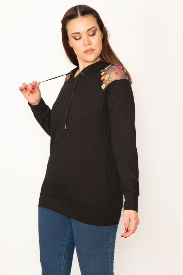 Şans Şans Women's Large Size Black Sequin Detailed Hooded Sweatshirt