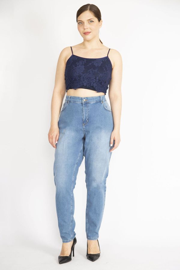 Şans Şans Women's Large Size Blue High Waist 5 Pocket Lycra Jeans