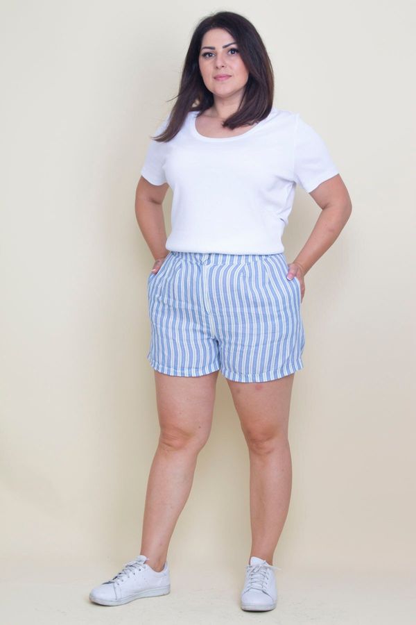 Şans Şans Women's Large Size Blue Linen Fabric Striped Shorts
