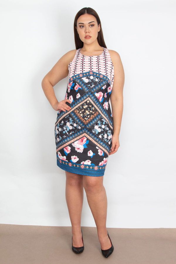 Şans Şans Women's Large Size Colorful Patchwork Patterned Dress