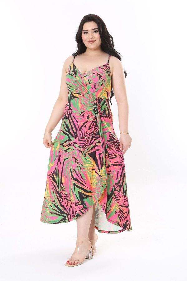 Şans Şans Women's Large Size Colorful Strap Waist Detailed Back Long Dress