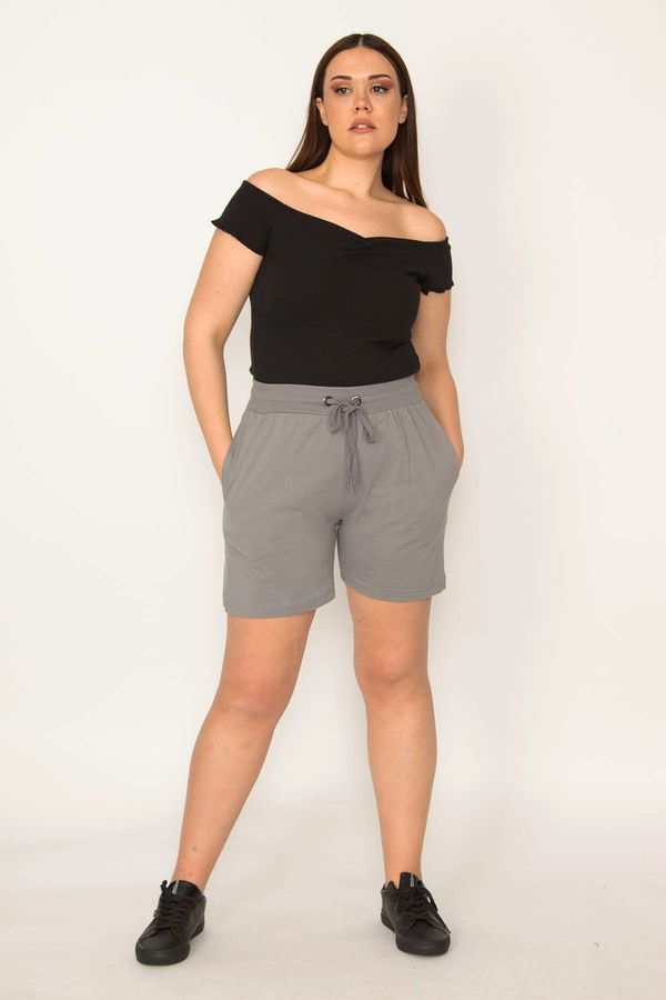 Şans Şans Women's Large Size Gray Cotton Fabric Shorts with Elastic Waist and Eyelet Lace Side Pockets