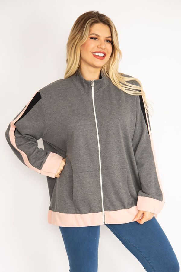 Şans Şans Women's Large Size Gray Front Zippered Kangaroo Pocket Sweatshirt Coat