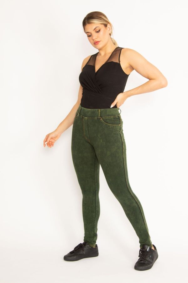 Şans Şans Women's Large Size Green Wash Effect Front Ornamental Pocket Leggings Trousers