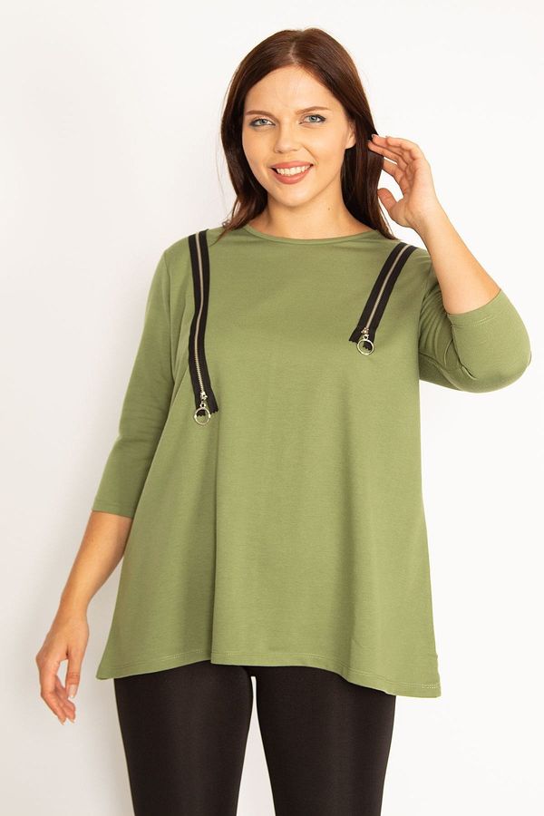 Şans Şans Women's Large Size Khaki Ornamental Zippered Sweatshirt