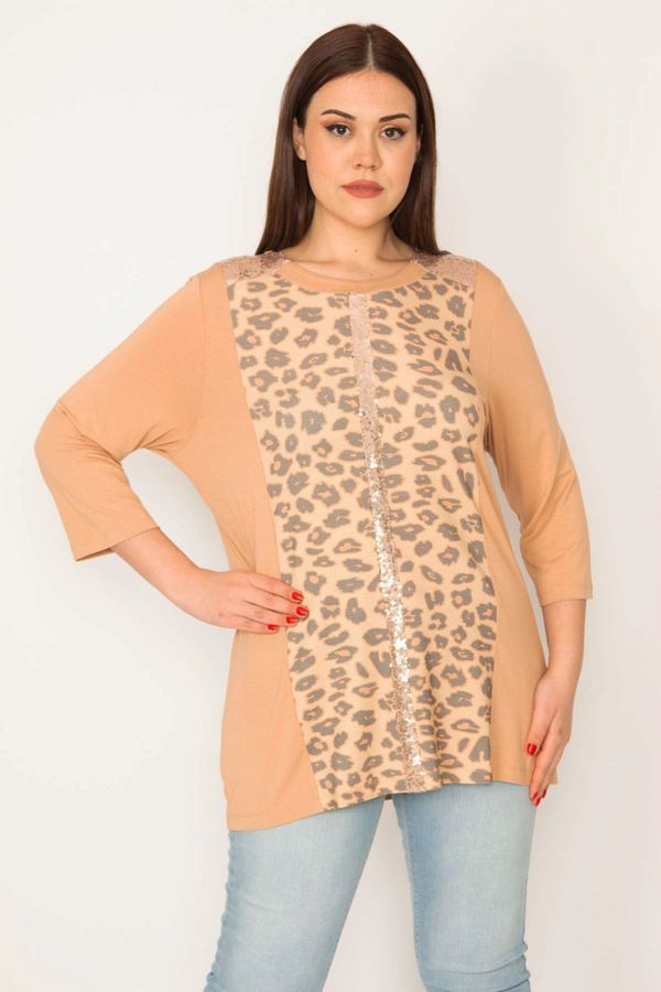 Şans Şans Women's Large Size Mink Sequin Detailed Leopard Print Blouse