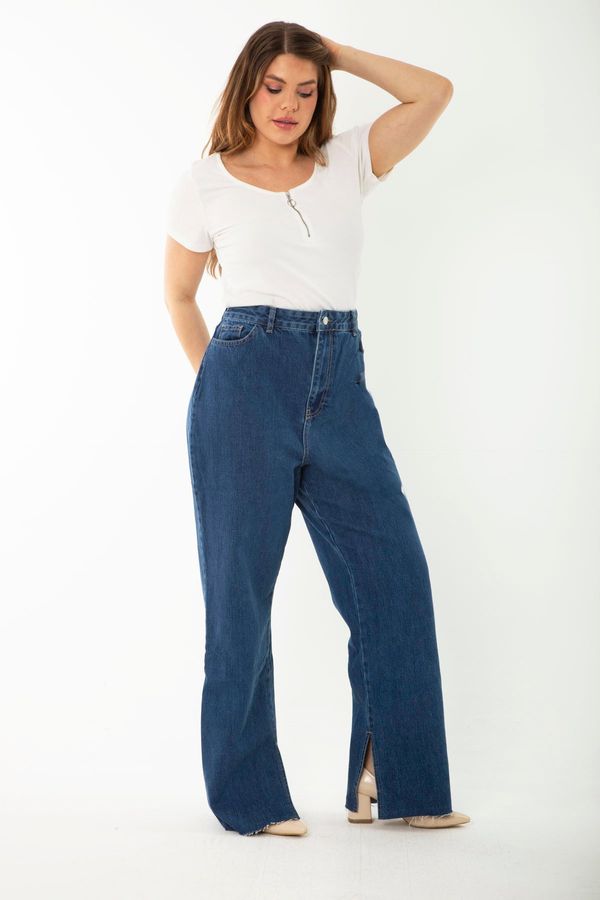 Şans Şans Women's Large Size Navy Blue Jeans with Slit Legs