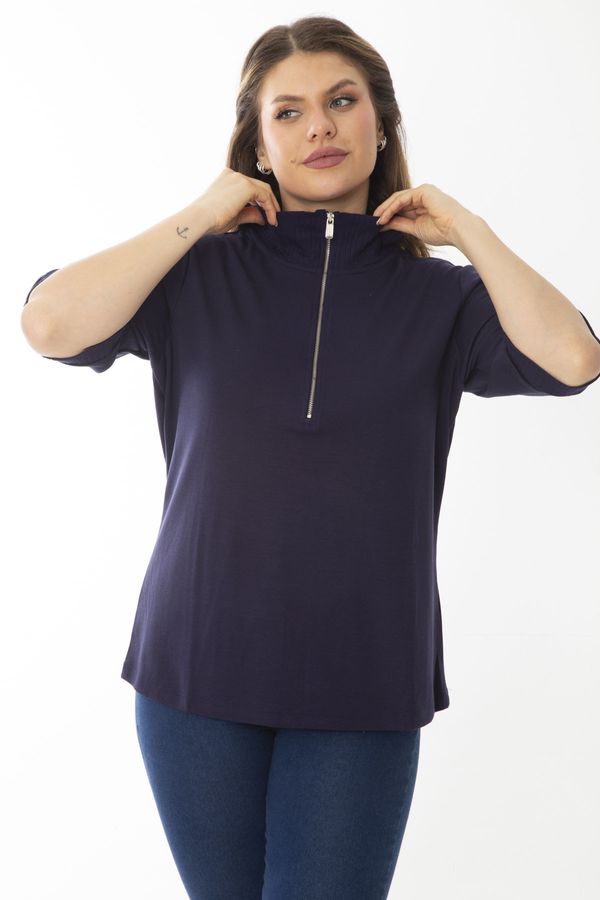 Şans Şans Women's Large Size Navy Blue Zippered Short Sleeve Sweatshirt