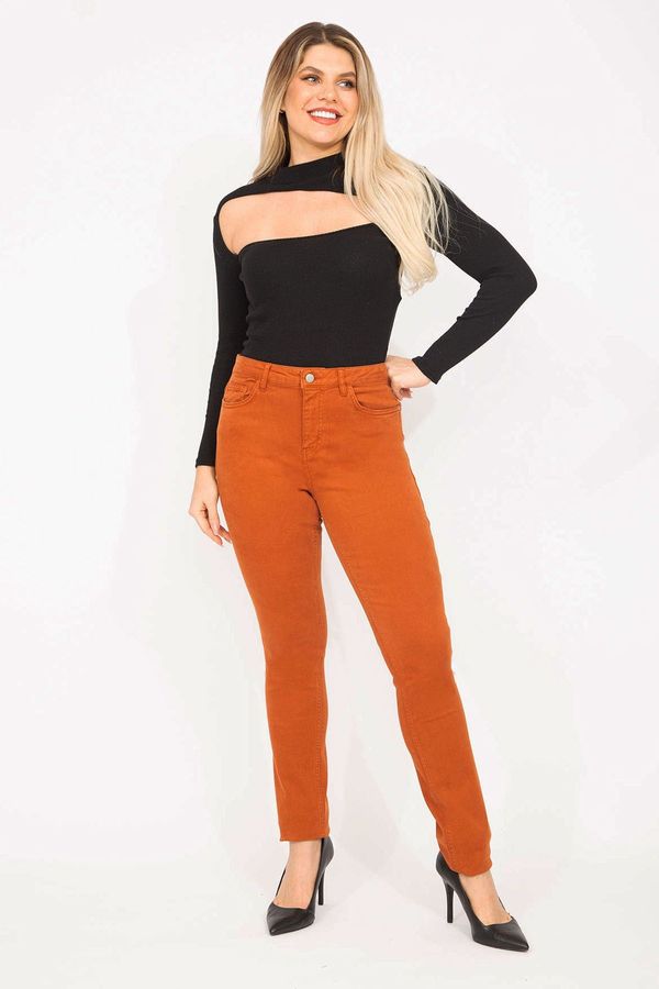 Şans Şans Women's Large Size Orange Lycra 5 Pocket Jeans