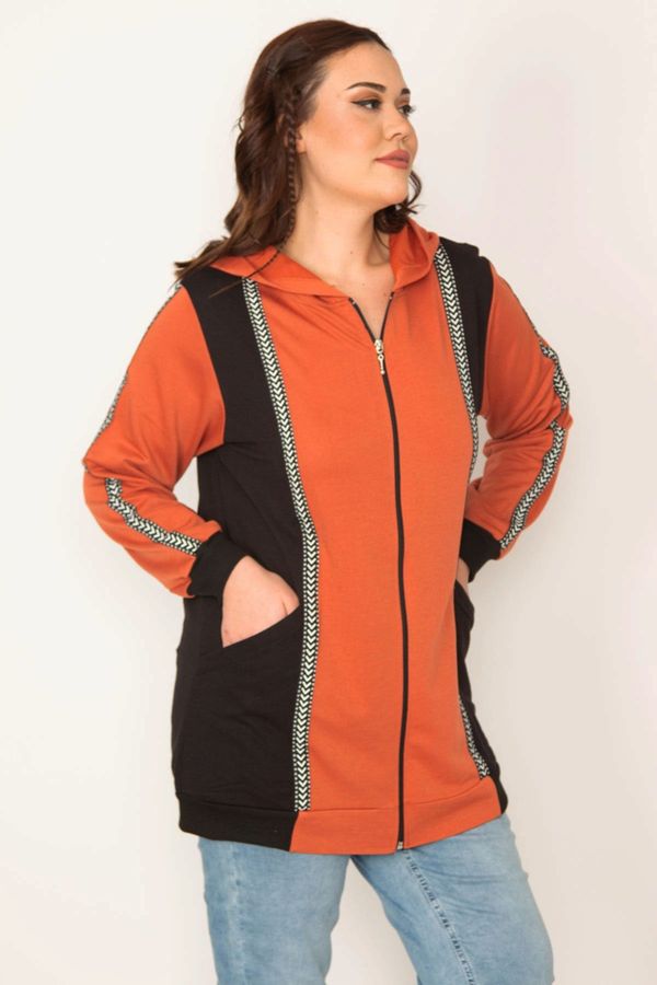 Şans Şans Women's Large Size Orange Zipper and Hood Detailed Color Combination Sweatshirt