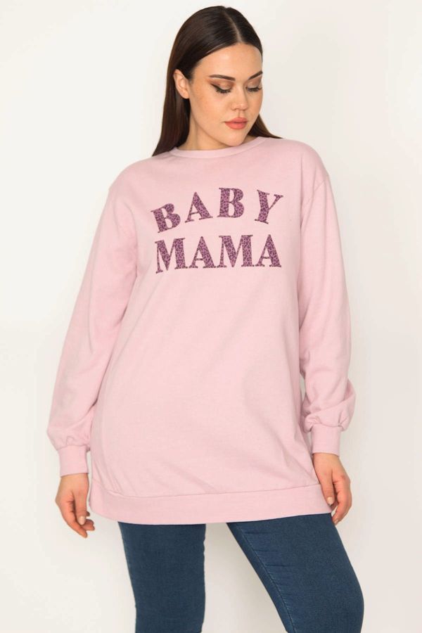 Şans Şans Women's Large Size Pink Front Printed Sweatshirt