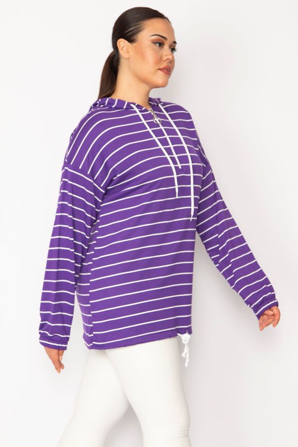 Şans Şans Women's Large Size Purple Front Placket Zippered Eyelet and Lace Detailed Hooded Striped Tunic