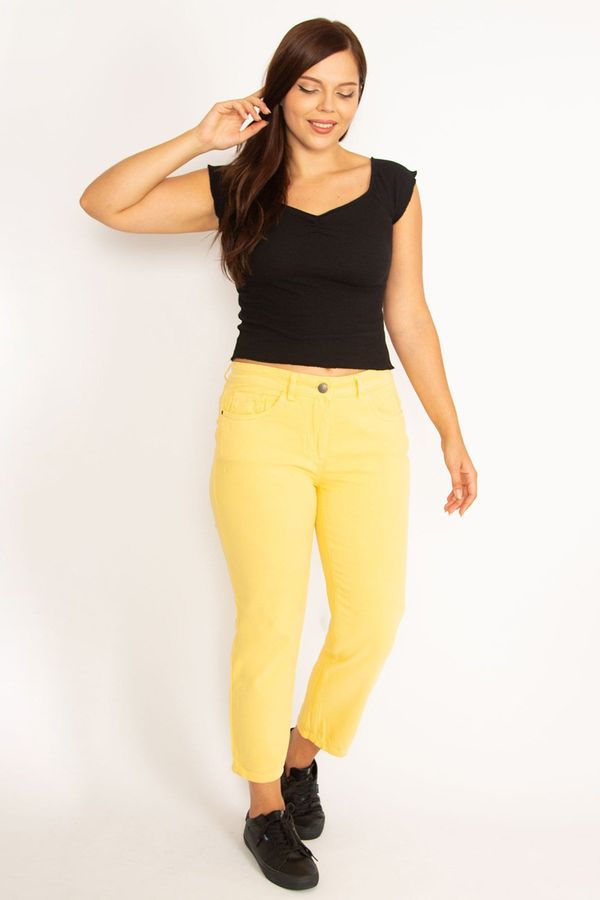 Şans Şans Women's Large Size Yellow 5 Pocket Jeans Trousers