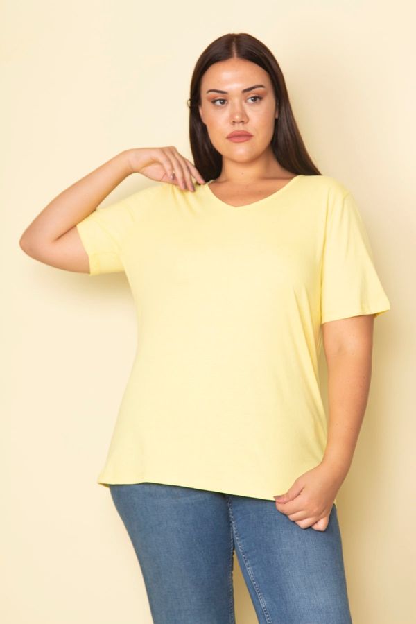 Şans Şans Women's Large Size Yellow Cotton Fabric V-Neck Short Sleeve Blouse