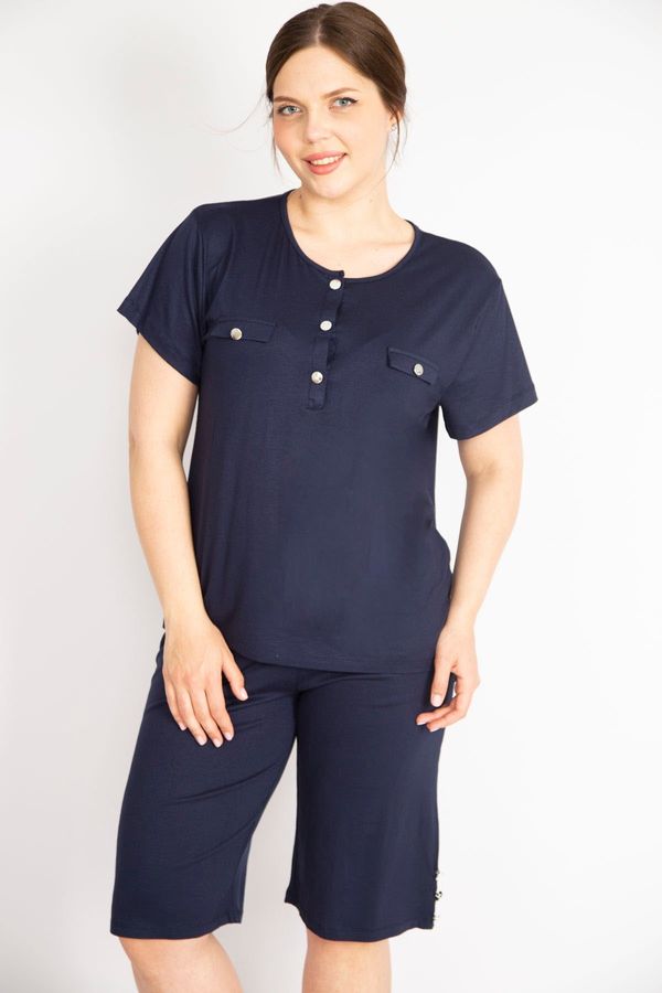 Şans Şans Women's Navy Blue Large Size Front Placket and Legs Metal Buttoned Blouse Capri Double Set