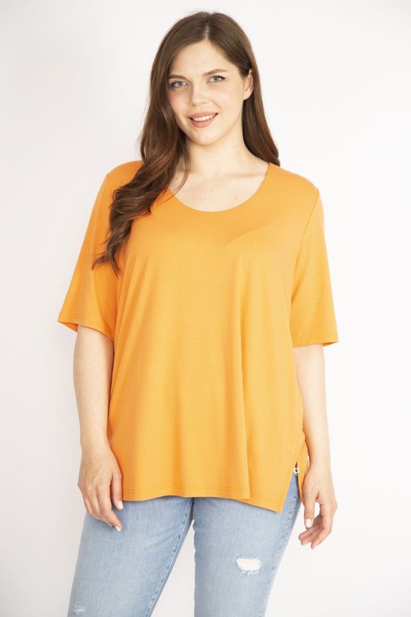 Şans Şans Women's Orange Plus Size Front Two Layer Short Sleeve Lycra Blouse
