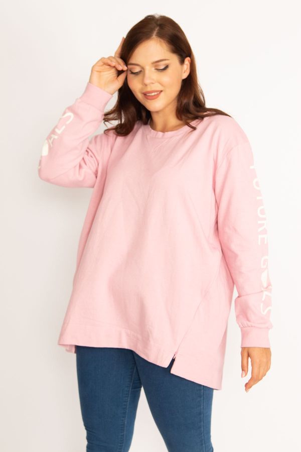 Şans Şans Women's Pink Inner Framed Cotton Cotton Skirt With Two Side Zippers and Slits Sleeve Printed Sweatshirt.